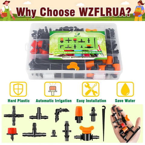 All In One 220 Piece Drip Irrigation Fittings Kit For One Quarter Inch Tubing with storage box and various fittings