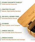 Open natural bamboo cable box for home and office showing interior compartments with power strips, next to product features list.