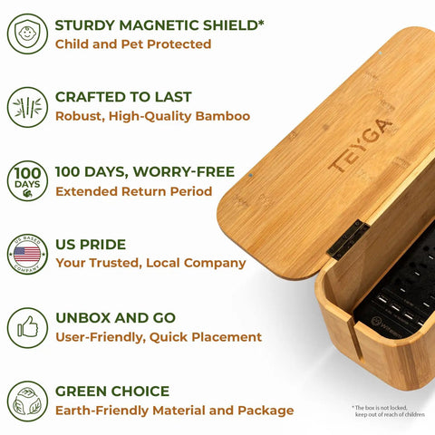Open natural bamboo cable box for home and office showing interior compartments with power strips, next to product features list.