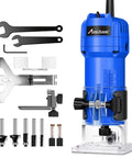 630W Compact Wood Router With Fixed Base And Beast Mode 35000 Rpm Motor with accessories including bits and tools laid out.