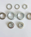 Nine piece silver 2 Inch Cup Bottom Bracket Set For One Piece Crank Bikes With 6906Z Sealed Bearings visible on white background
