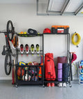 Heavy Duty Rolling Garage Organizer With Wheels For Indoor Sports Gear Storage Including Golf Bags Balls Bats Rackets Skates Mats And More All In One Storage Rack With Basket And Hooks Black Large organizing various sports equipment