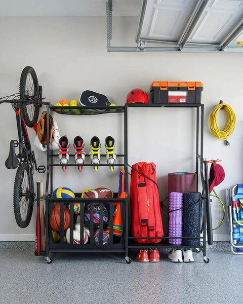 Heavy Duty Rolling Garage Organizer With Wheels For Indoor Sports Gear Storage Including Golf Bags Balls Bats Rackets Skates Mats And More All In One Storage Rack With Basket And Hooks Black Large organizing various sports equipment