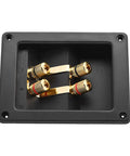 Heavy Duty Audio Terminal Strip With Binding Posts For Secure Wire Hooks And Four Hole Mounts, displaying 4 binding posts and gold connectors.