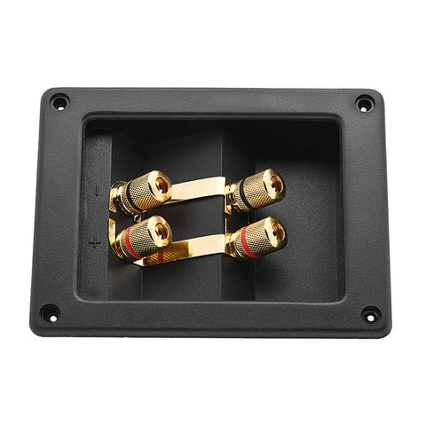 Heavy Duty Audio Terminal Strip With Binding Posts For Secure Wire Hooks And Four Hole Mounts, displaying 4 binding posts and gold connectors.