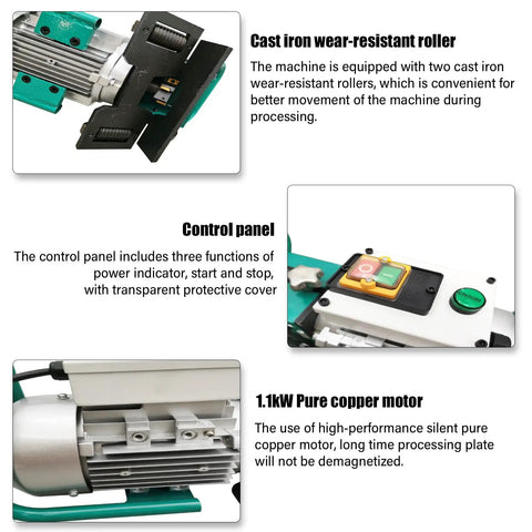 Portable Electric Beveling Machine Rolls In Easy To Bang Out Clean 30 To 60 Degree Plate Edges With Rugged Cast Iron Rollers Built Tough close-up of control panel and copper motor.
