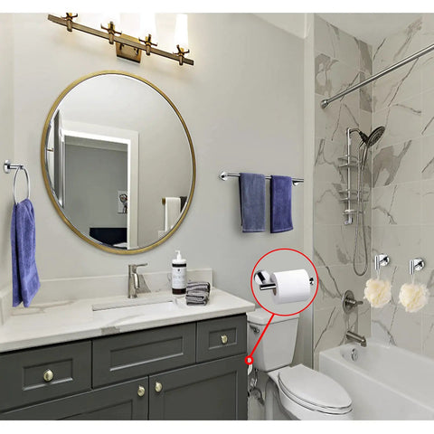 Modern bathroom with Polished Chrome 5 Piece Bathroom Hardware Set With Hand Towel Ring, 16 Inch Towel Bar, Toilet Paper Holder visible.