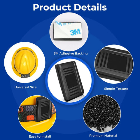 Product details of Hard Hat Headlamp Clips 20 Pack With 3M Adhesive, showing universal size, adhesive backing, and premium material.