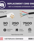 Heavy Duty 4 Prong Dryer Cord 12 Foot Long Nema 14-30 Plug 30 Amp Universal Replacement power cable with open end wiring.