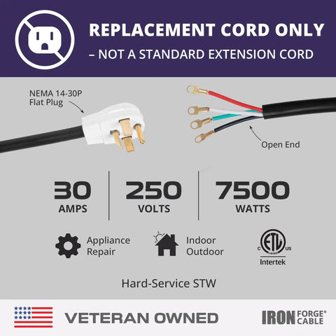 Heavy Duty 4 Prong Dryer Cord 12 Foot Long Nema 14-30 Plug 30 Amp Universal Replacement power cable with open end wiring.