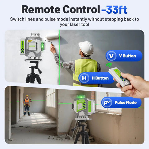Self Leveling 360 Degree Green Cross Line Laser Level With Receiver For Outdoor Use Up To 660 Feet 4x360 Degree Coverage, remote control and pulse mode shown on tripod