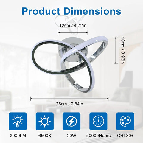 Lit Modern Ceiling Light With 6500K Cool White LED Metal Curved Design Chrome Finish Product Dimensions