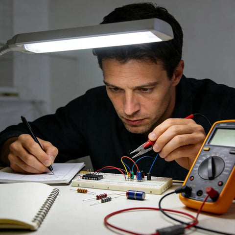 Person testing a circuit on a breadboard with a multimeter, using 840 Piece Jumper Wire Kit for Solderless Breadboard with 14 Lengths U Shape Wires