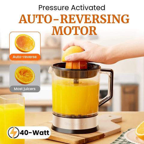 Elite Gourmet Citrus Juicer 1.2 L Capacity Black And Stainless Steel Electric Orange Lemon Squeezer in use with fresh juice