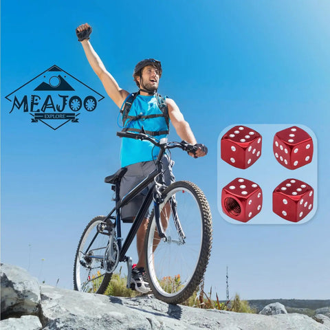 Cyclist with red Dice Style Tire Valve Stem Caps With O Ring Universal Aluminum Alloy Dustproof Covers in 4-pack