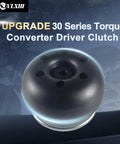 Three Quarter Bore Torque Converter Driver Clutch For Mini Bikes And Go Karts, large black metallic component, background with bike.