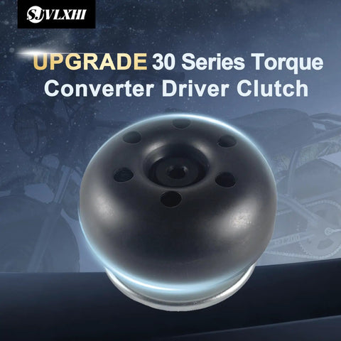 Three Quarter Bore Torque Converter Driver Clutch For Mini Bikes And Go Karts, large black metallic component, background with bike.
