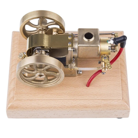 Dope Little 1.6cc Metal Adjustable Speed Micro Horizontal Water Cooled 4-Stroke Gasoline Engine With Wooden Base for STEM Education and Science Demos Today, brass engine on wood base