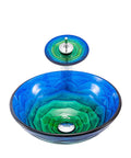 USZWBY Bathroom Vessel Sink Vanity Tempered Glass Vessel Bowl Sink Round Countertop Sink Bowl Above Counter Sink Art Basin with Waterfall Faucet, Pop Up Drain, Inlet Pipe in blue and green design.