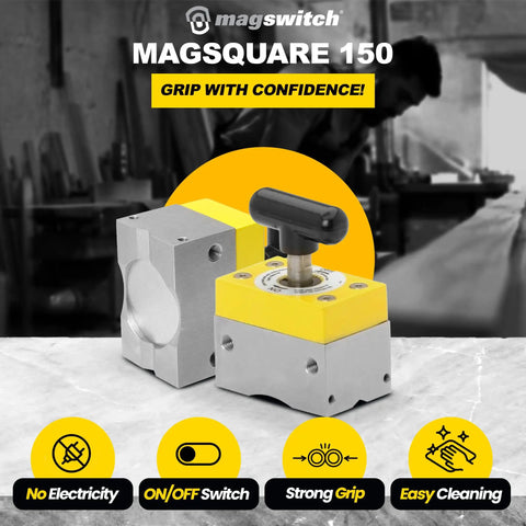 150 Lb Switchable Magnetic Workholding Squares Two Pack For Welding And Fabrication on workshop table with features.