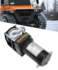 Rock Solid 3000 Pound Electric Winch For Trailers And Trucks With Steel Rope And Rustproof Planetary Gear, close-up view of the winch.
