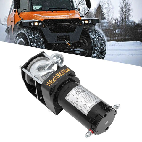 Rock Solid 3000 Pound Electric Winch For Trailers And Trucks With Steel Rope And Rustproof Planetary Gear, close-up view of the winch.