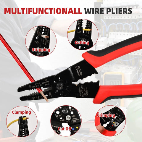8 Inch Wire Stripper And Crimping Pliers Multi Function Tool For Cutting Stripping Crimping And Looping 10 To 22 AWG Copper Or Aluminum Wire With Durable High Carbon Steel And Ergonomic Non Slip Rubber Handle in action