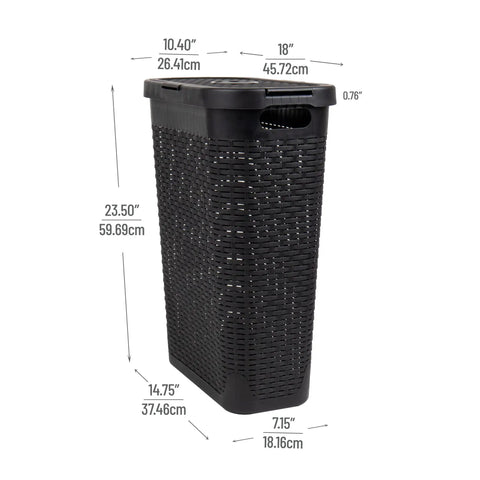 Slim 40L Laundry Hamper With Lid For Tight Spaces Narrow Tapered Design With Ventilated Cutout Pattern For Airflow Durable Plastic Black Laundry Bin