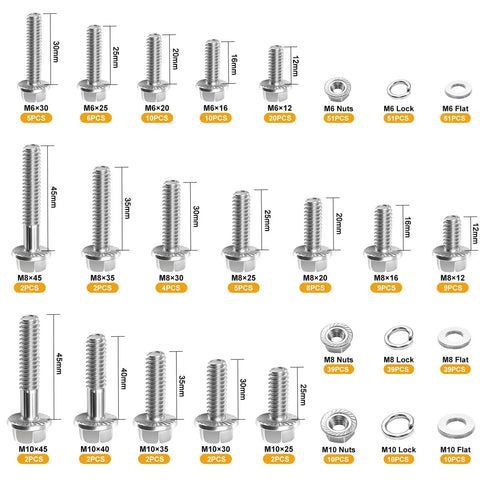 Metric Flange Bolt And Nut Kit 400 Piece Assortment With M6x1.0 M8x1.25 M10x1.5 Bolts Grade 8.8 Alloy Nuts And Washers 12mm To 45mm Lengths No Brainer DIY Home Projects Auto Shop Set, assorted bolts and washers