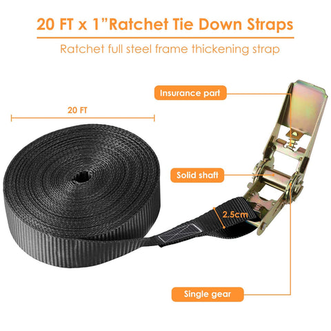 20 FT x 1 Inch Ratchet Strap with solid metal ratchet, part of 10 Pack 1 Inch By 20 Foot Endless Ratchet Straps No Hook Heavy Duty Tie Downs 1760 Lbs Break Strength For Motorcycles Goods Luggage Black For Secure Hauls.