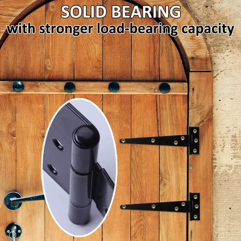 Heavy Duty T Shaped Hinges Pack Of 3 12 Inch Black Metal Foldable Gate Hardware installed on wooden door with solid bearing.