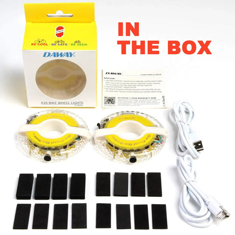 Rechargeable Bike Wheel Lights A16 Lit Seven Color LED Spoke Lights For Kids Teens And Adults 2 Tire Pack contents in box