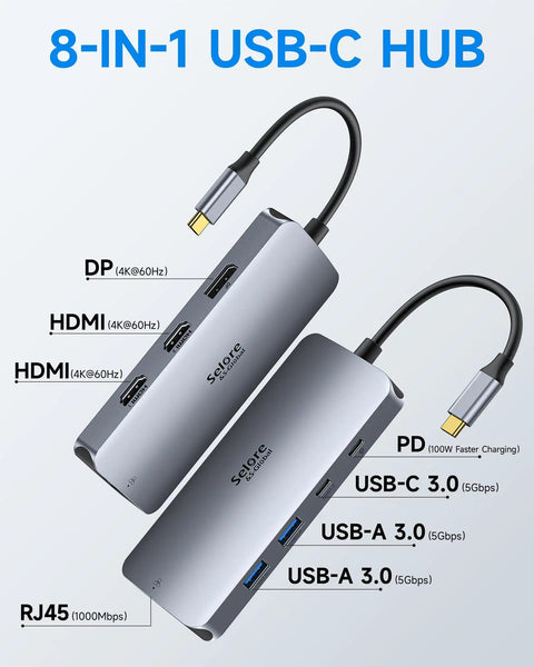 Triple 4K USB C Docking Station With Dual HDMI And DisplayPort, 1Gbps Ethernet, 100W PD, USB 3.0 Hub For Laptops