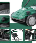 Two In One Electric Dethatcher And Scarifier For Lawns 13 Inch Walk Behind Dethatcher with collection bag, features close-ups