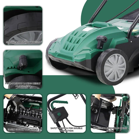 Two In One Electric Dethatcher And Scarifier For Lawns 13 Inch Walk Behind Dethatcher with collection bag, features close-ups