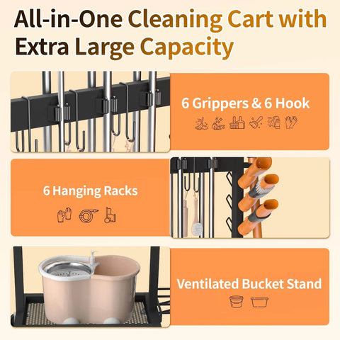 Beefed Up Cleaning Supplies Organizer And Broom Mop Holder Cart With 6 Mop Hangers, 3 Double Hooks, Vacuum Stand