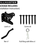 Package includes Heavy Duty Beefy Self Locking Gate Latch for Wooden Fences, screws, bar, and pull string in black finish.