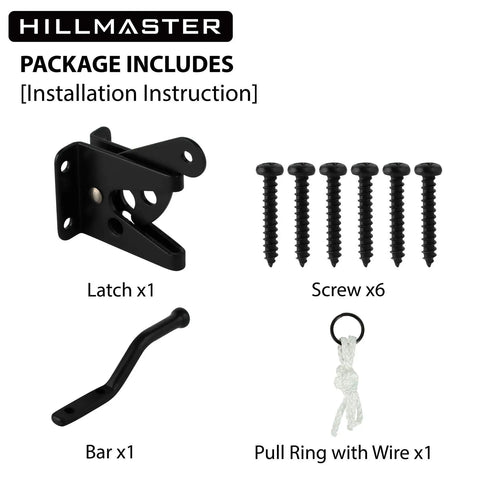 Package includes Heavy Duty Beefy Self Locking Gate Latch for Wooden Fences, screws, bar, and pull string in black finish.