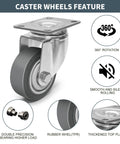 3 Inch Rubber Caster Wheels Set Of 4 With Brakes, Silent Heavy Duty Swivel Plate Casters for cart, furniture and workbench
