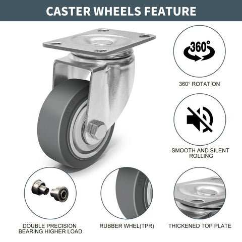 3 Inch Rubber Caster Wheels Set Of 4 With Brakes, Silent Heavy Duty Swivel Plate Casters for cart, furniture and workbench