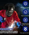 Welding Helmet Cover And Helmet Bib Set With Press Fit Neck Seal For Safety Flame Retardant Fabric Keeps Sparks Off And Protects Your Neck Durable Universal Fit For Most Helmets Classic Black, worn by a welder in action.