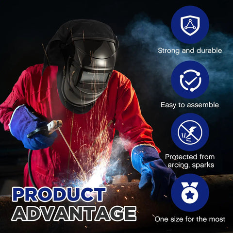 Welding Helmet Cover And Helmet Bib Set With Press Fit Neck Seal For Safety Flame Retardant Fabric Keeps Sparks Off And Protects Your Neck Durable Universal Fit For Most Helmets Classic Black, worn by a welder in action.