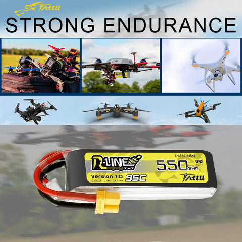 R-Line 550mAh 7.4V 95C 2S LiPo Battery Pack With XT30 Plug for FPV racing quadcopters, battery and drones in background.