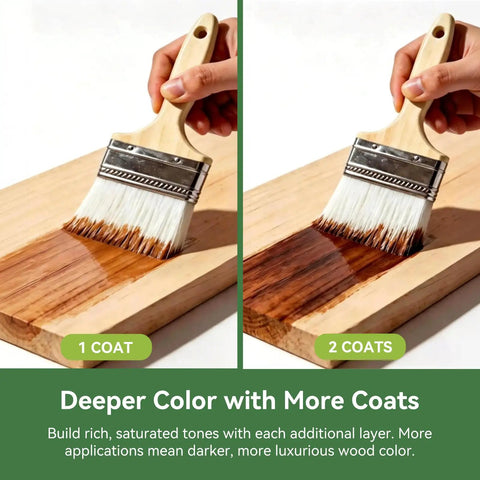Applying Slick All In One Cedar Wood Stain And Sealer One Gallon showing 1 coat and 2 coats on wood.