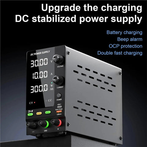 Adjustable 0 To 30V 0 To 10A DC Power Supply For Lab Use With Dual Display, showing voltage and current on front panel.