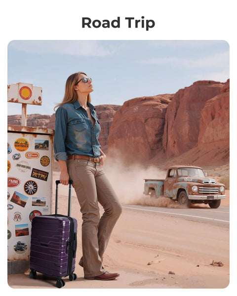 BAGSMART carry-on luggage, hard-shell with four spinner wheels in purple.