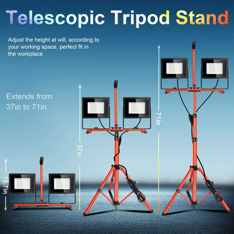 Dimmable LED Work Light 10000Lm 5000K Dual Head With Stand Beefy Portable Construction Flood Light on tripod extended