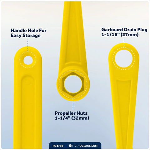 All In One Universal Prop Wrench Kit With Multiple Sockets For Boat Prop Nuts 17/32 To 1-1/4 In, Fits Nine Sizes, Lightweight Non Corrosive Resin, For Outboards And Stern Drives, Pontoon, Sport And Fishing Boats, Yellow