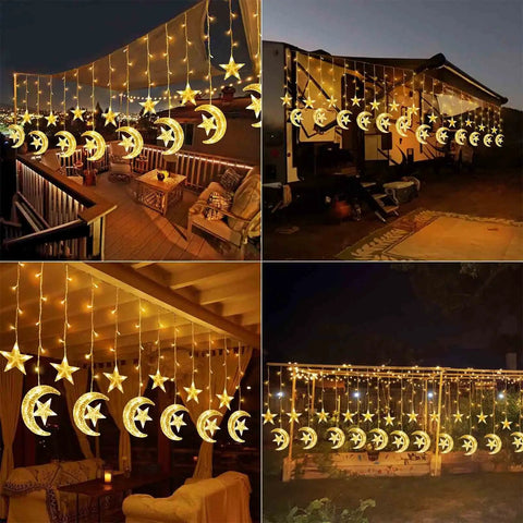 Solar String Lights Outdoor for Ramadan Eid Decor, 138 LED Star Moon Curtain Lights hung on patio at night