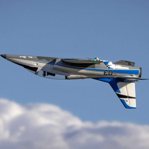Viper 30mm EDF RC Jet Airplane BNF Basic With Safe And AS3X Stability flying in the sky, showcasing sleek design and blue accents